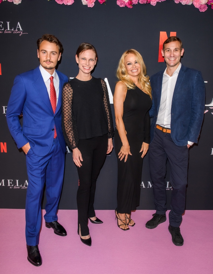 Brandon Thomas Lee, Jessica Hargrave, Pamela Anderson, and Ryan White at the Canadian theatrical premiere of Pamela, A Love Story | Courtesy of George Pimentel / Netflix