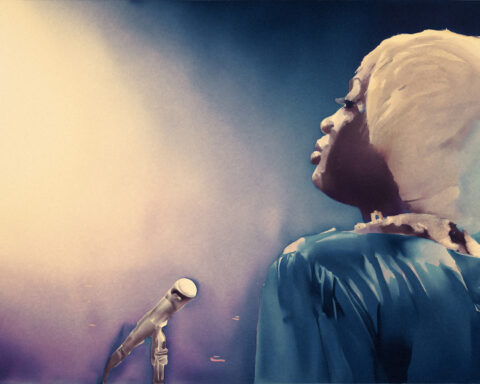 An animated image of Makayla Walker performing as Jackie Shane, a young Black transwoman. She is wearing a blue dress and a blonde wig. She is facing a spotlight.