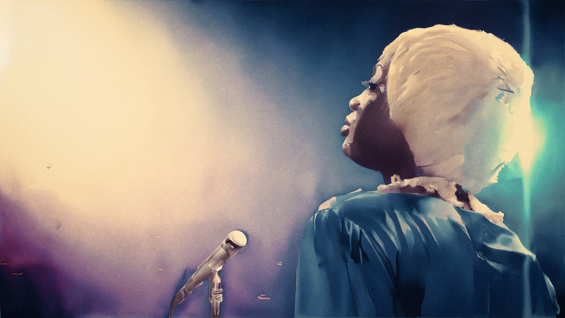 An animated image of Makayla Walker performing as Jackie Shane, a young Black transwoman. She is wearing a blue dress and a blonde wig. She is facing a spotlight.