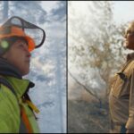 A collage of two people standing in forests gazing out at the consequences of wildfires. On the left, a firefighter stands with their visor raised, while wearing an orange helmet and yellow protective gear. On the right, an Indigenous elder stands wearing a brown jacket as he surveys the damage.