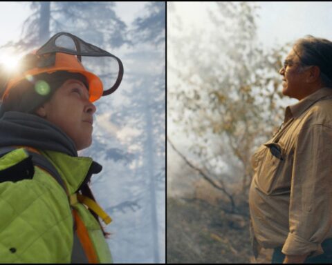 A collage of two people standing in forests gazing out at the consequences of wildfires. On the left, a firefighter stands with their visor raised, while wearing an orange helmet and yellow protective gear. On the right, an Indigenous elder stands wearing a brown jacket as he surveys the damage.