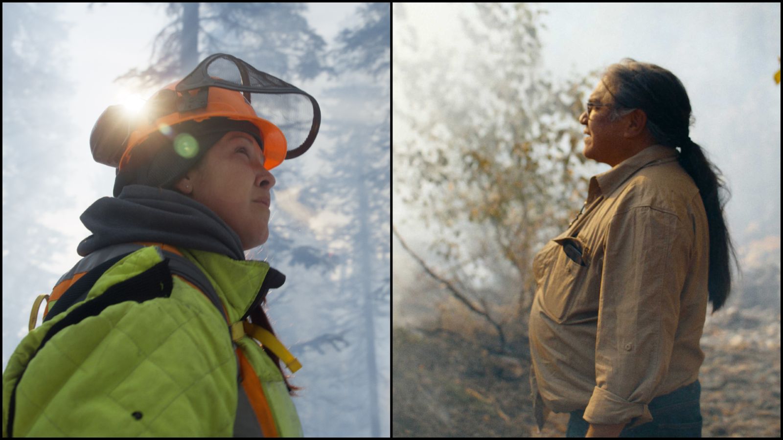 A collage of two people standing in forests gazing out at the consequences of wildfires. On the left, a firefighter stands with their visor raised, while wearing an orange helmet and yellow protective gear. On the right, an Indigenous elder stands wearing a brown jacket as he surveys the damage.