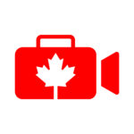An icon of a videocamera. It is red with a white maple leaf in the centre.