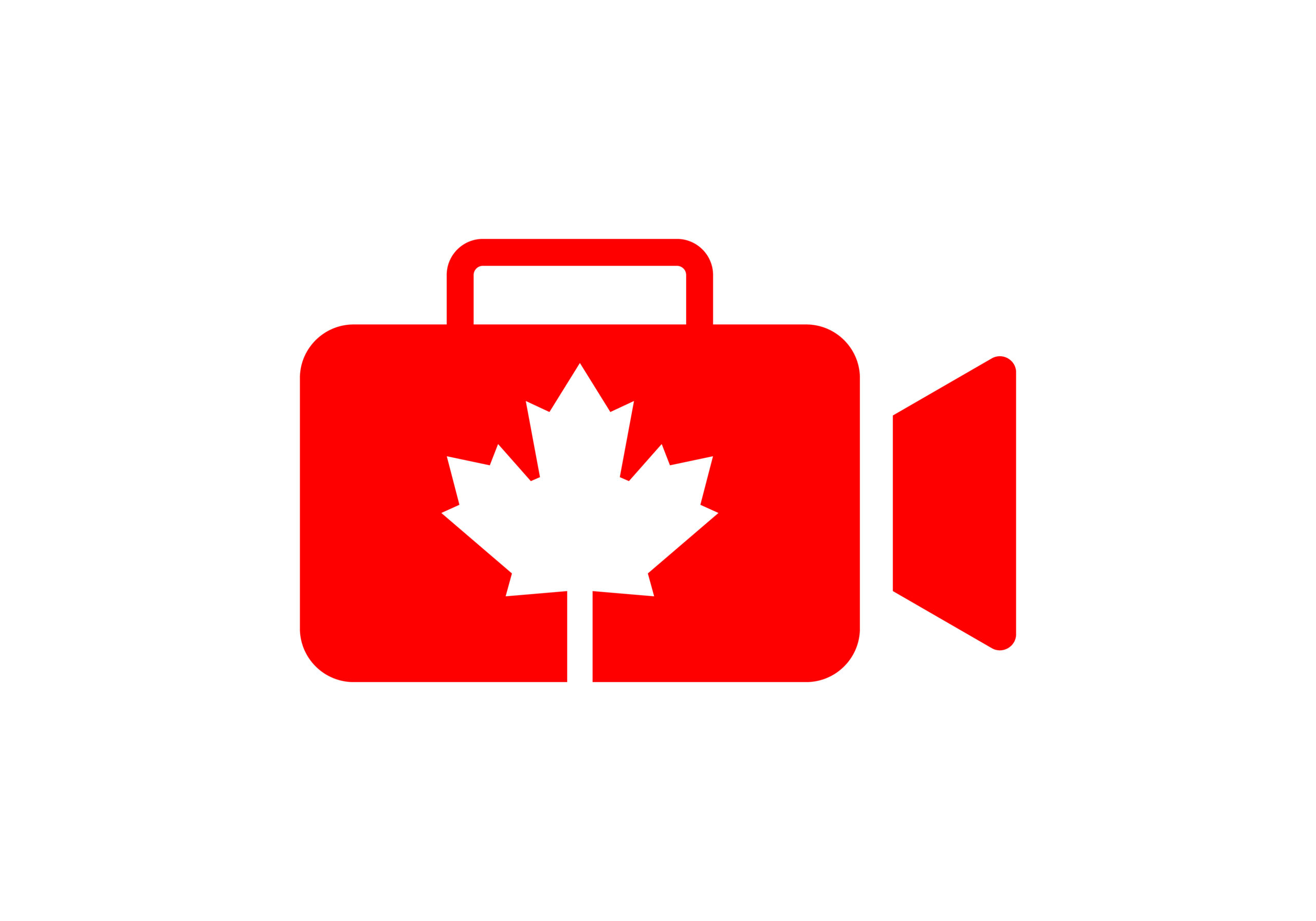 An icon of a videocamera. It is red with a white maple leaf in the centre.