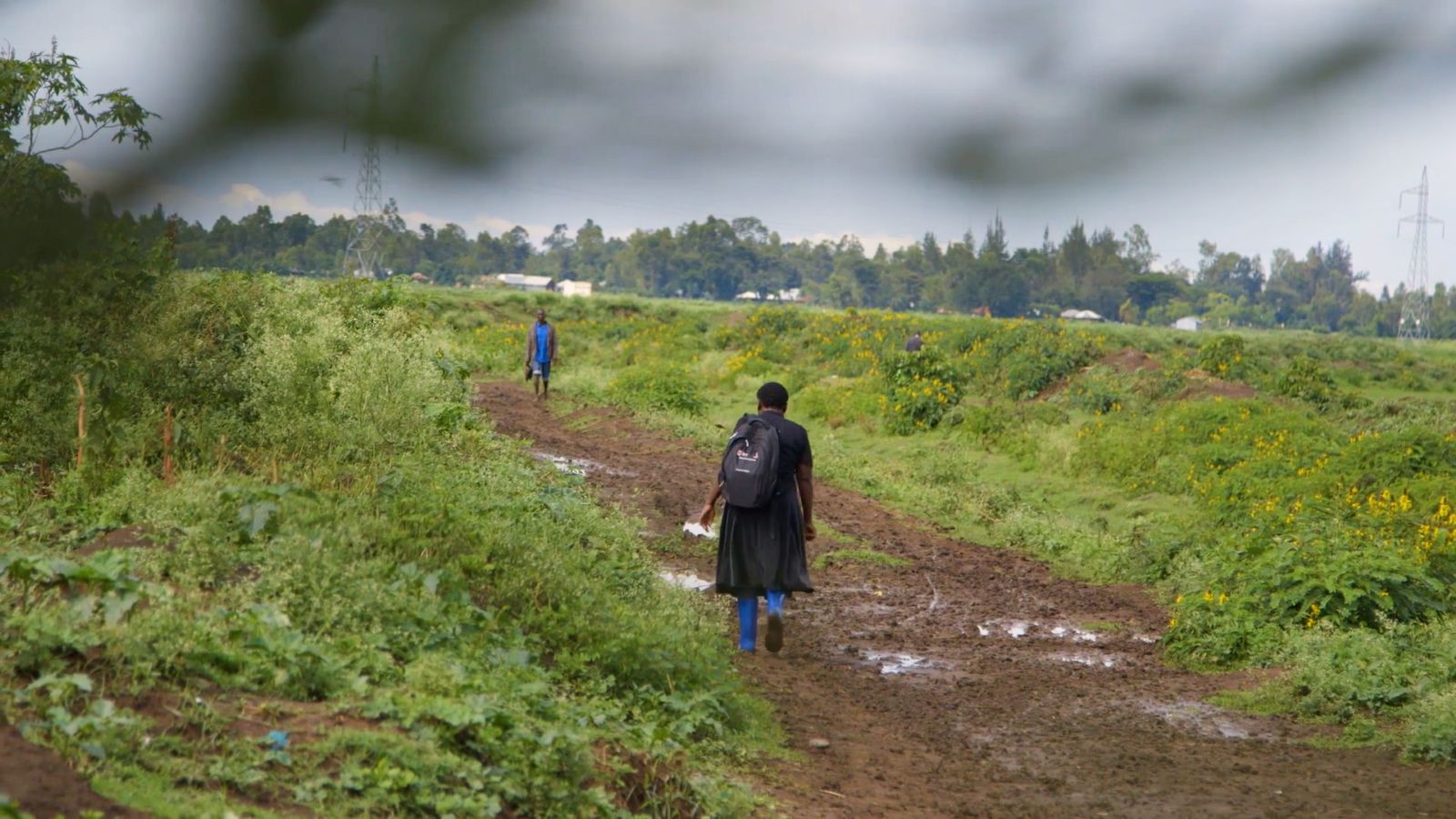A woman stands in a green field with a dirt path. Her back is facing the camera. The sky is grey and cloudy.