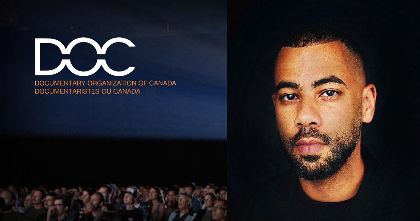 A photo of DOC executive director Julian Carrington placed beside DOC's logo. Carrington is wearing a back shirt, the DOC logo is white letters placed atop a blue background with a crowd seated underneath.