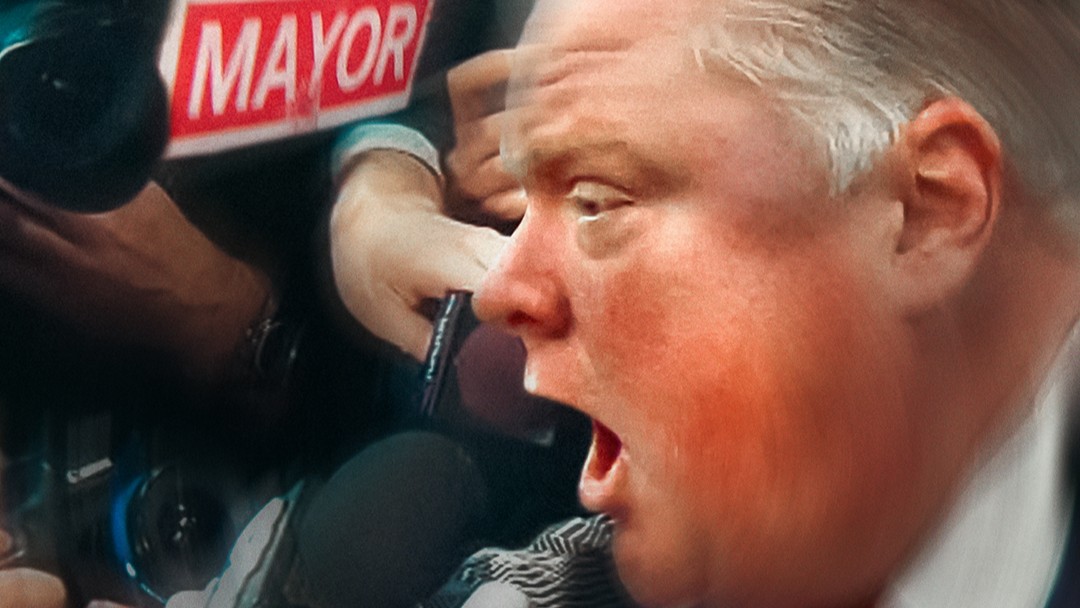 A close up image of former Toronto mayor Rob Ford as he yells into a microphone.