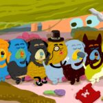 Eight animated dogs sleep together. They are forming a train with each dog hugging the next. The dogs are unusual colours and shapes: two are blue and the one in the centre looks like Mr. Peanut, complete with monocle and top hat.
