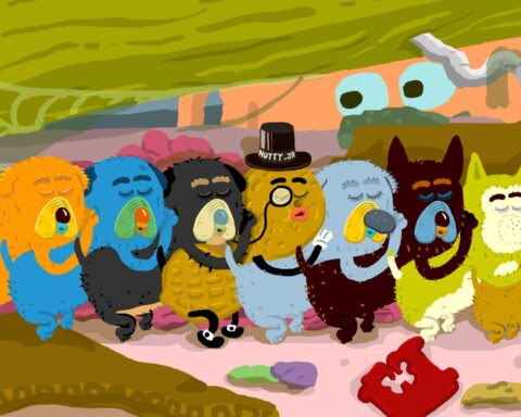 Eight animated dogs sleep together. They are forming a train with each dog hugging the next. The dogs are unusual colours and shapes: two are blue and the one in the centre looks like Mr. Peanut, complete with monocle and top hat.