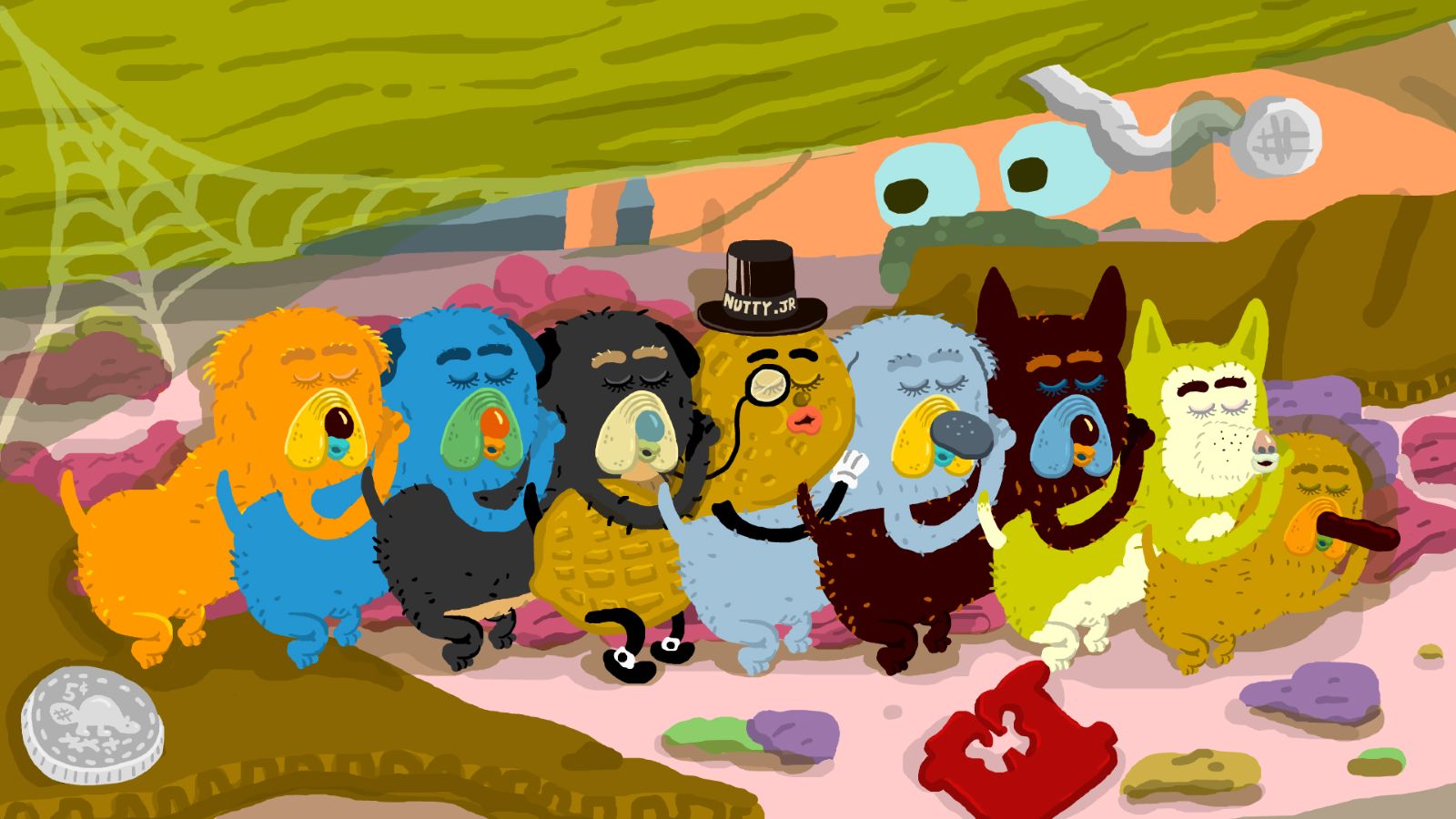 Eight animated dogs sleep together. They are forming a train with each dog hugging the next. The dogs are unusual colours and shapes: two are blue and the one in the centre looks like Mr. Peanut, complete with monocle and top hat.