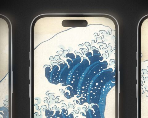 An illustration of a tsunami. A blue wave is viewed through a window frame.