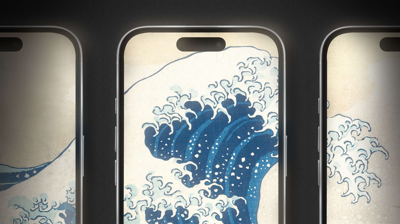 An illustration of a tsunami. A blue wave is viewed through a window frame.