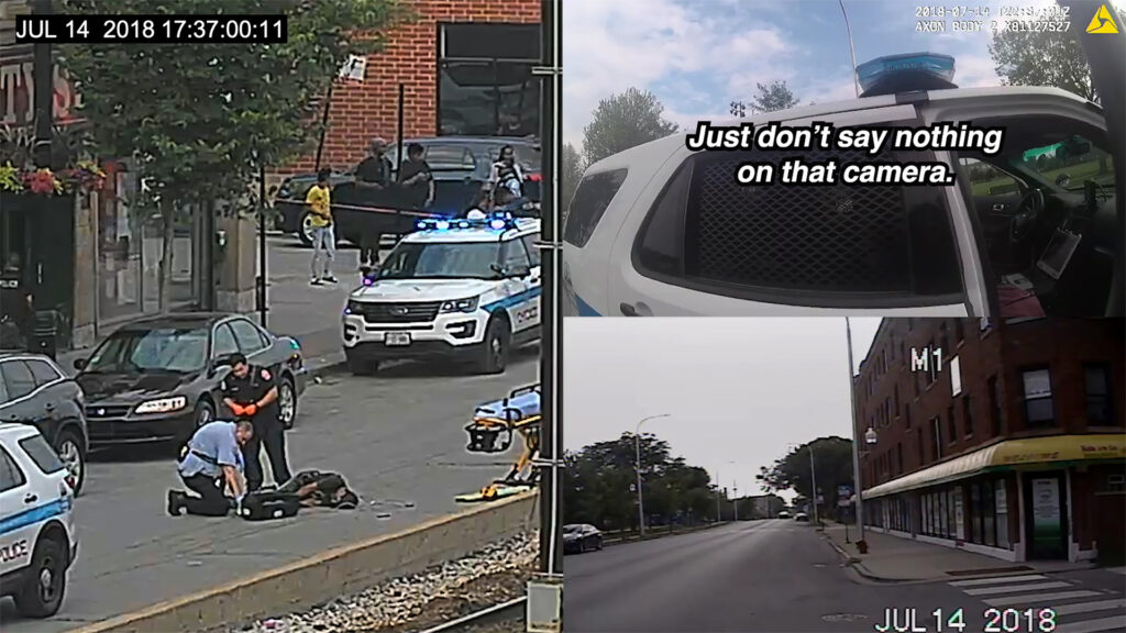 Three surveillance camera images appear as a grid, showing an incident with police cars, an intersection, and a road.