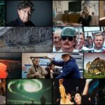 A mosaic of still images from documentaries from the Toronto International Film Festival appear in four rows.