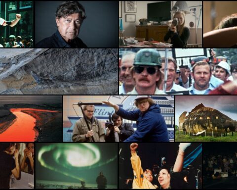 A mosaic of still images from documentaries from the Toronto International Film Festival appear in four rows.