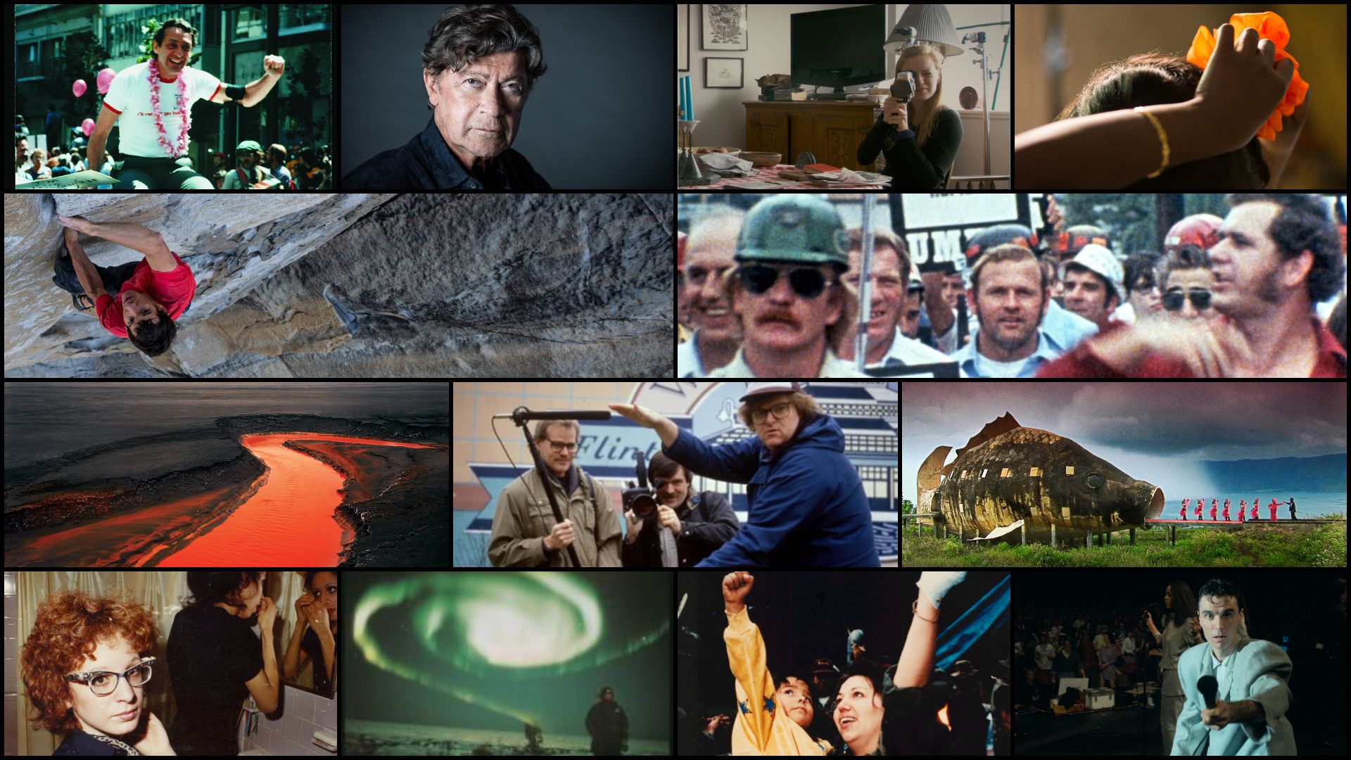 A mosaic of still images from documentaries from the Toronto International Film Festival appear in four rows.