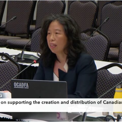 Min Sook Lee is a Korean woman in her 50s. She is wearing a suit and speaking at a microphone.