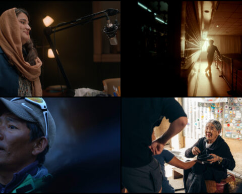 A collage with four film stills from the documentaries at VIFF.