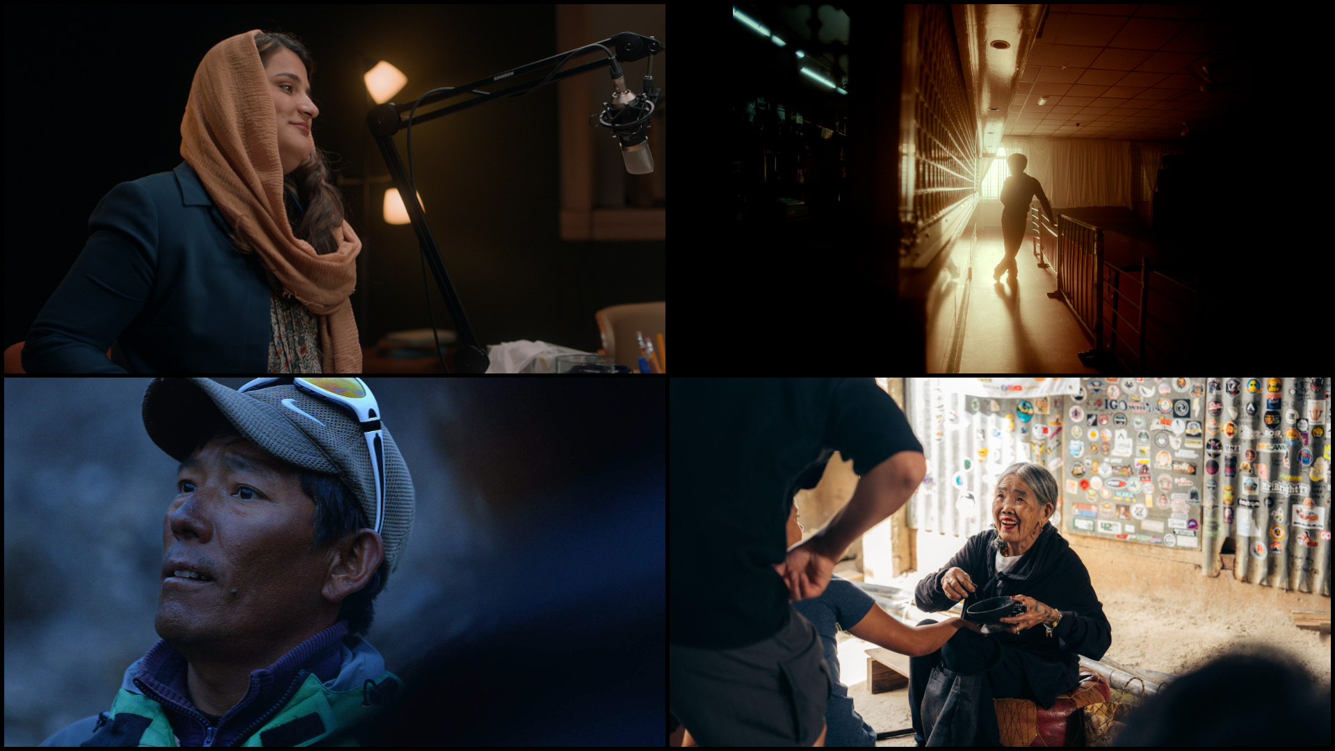 A collage with four film stills from the documentaries at VIFF.