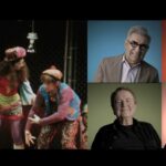 A splitscreen image with an archival photo of the 1972 Toronto Godspell production on the left, and a four-frame of actors Eugene Levy, Martin Short, Dave Thomas, and Avril Chown giving interviews with brightly coloured backgrounds.