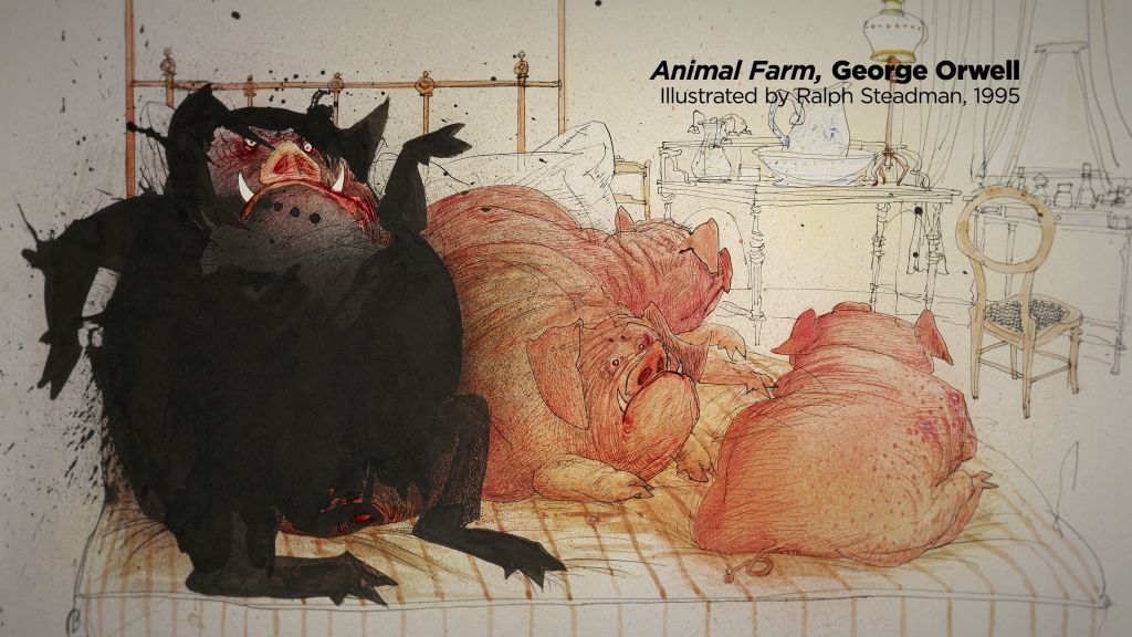 An animated graphic of George Orwell's Animal Farm with a black pig lying on its back on a bed, while three pink pigs share the mattress. The bedroom is sketched in minimalist pencil details.