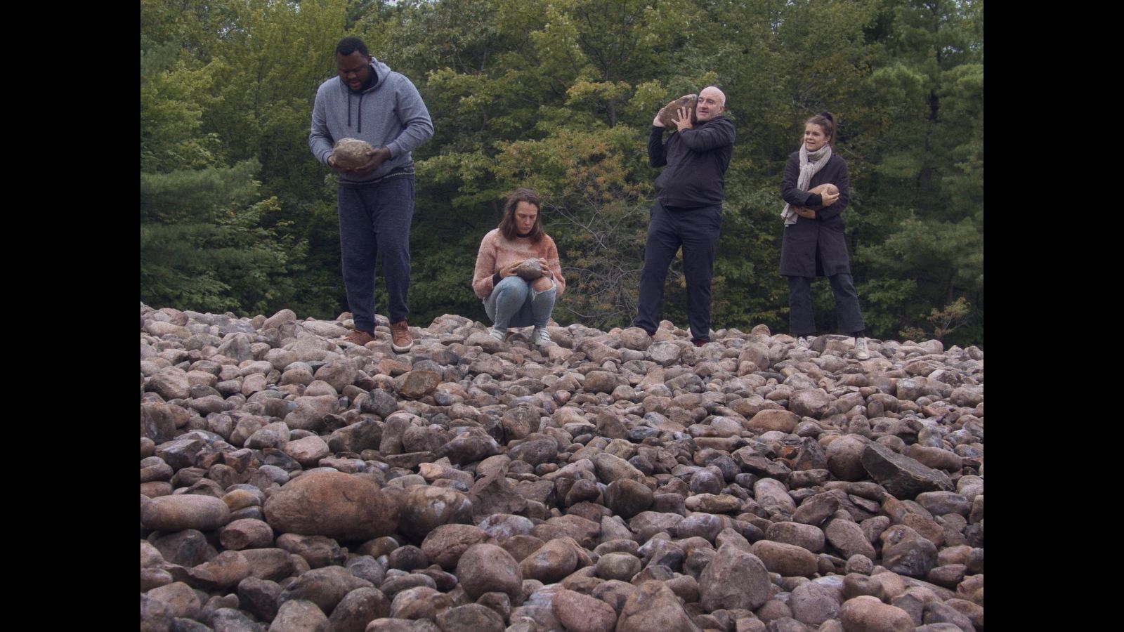 Four people stand in the distance atop of rocky shield in the forest.