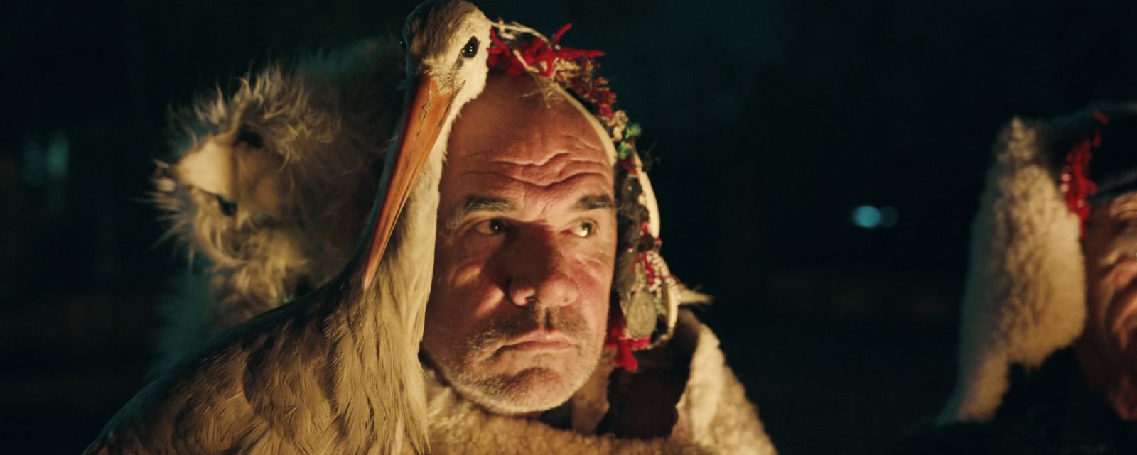 An older man and and a white stork sit by the fire as a group performs a traditional Macedonian ritual.