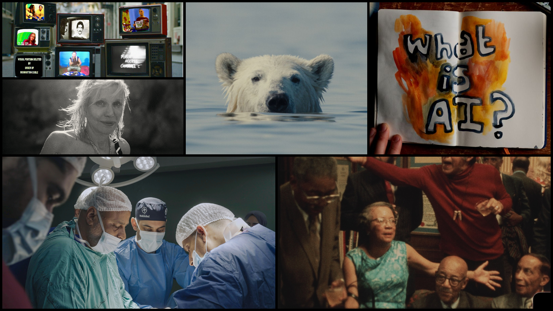 A mosaic of film stills from documentaries at Sundance.