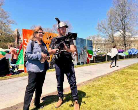 Director/producer Ric Esther Bienstock at Cornell protest encampment with DOP Elad Winkler, 024