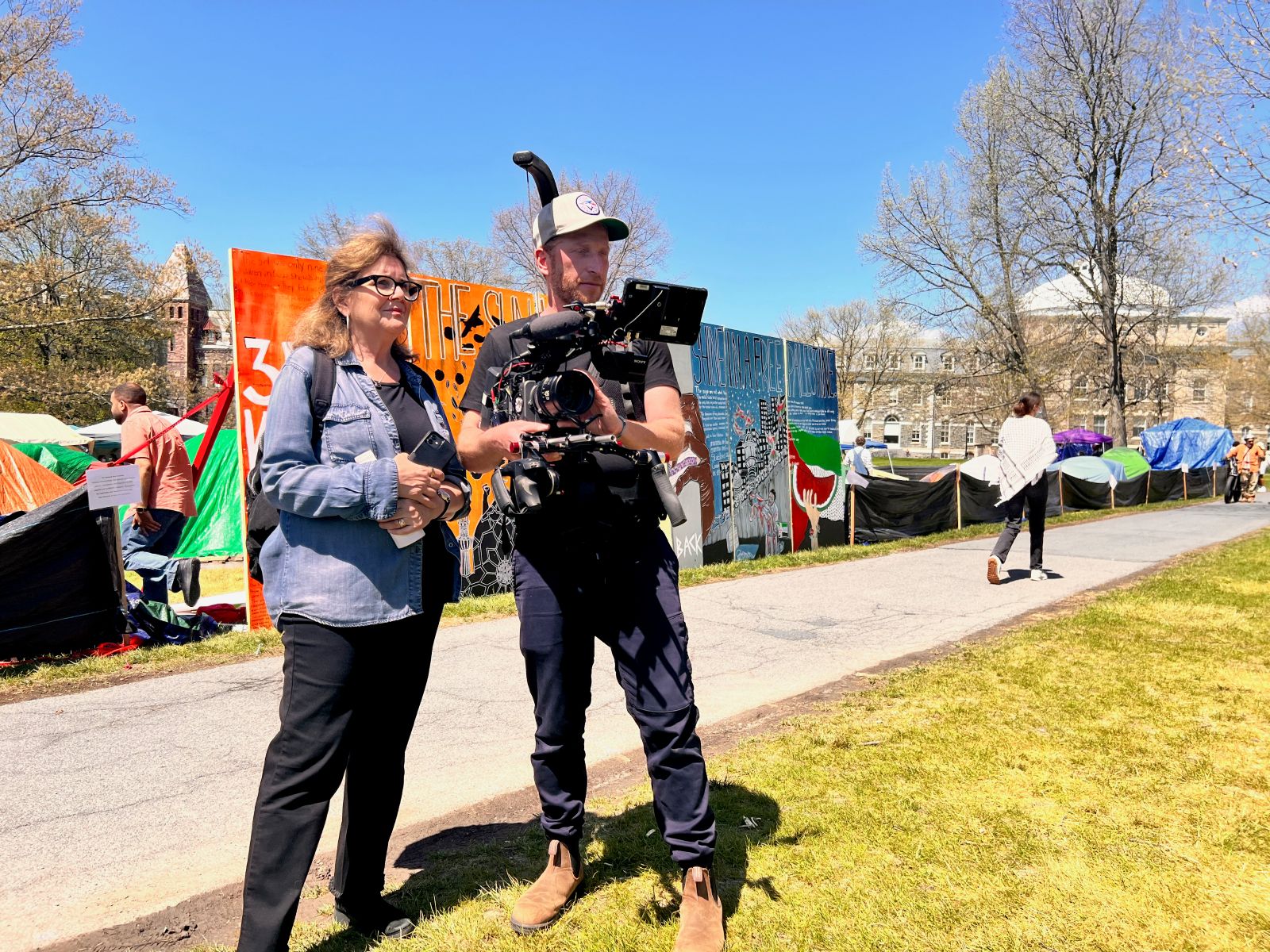 Director/producer Ric Esther Bienstock at Cornell protest encampment with DOP Elad Winkler, 024