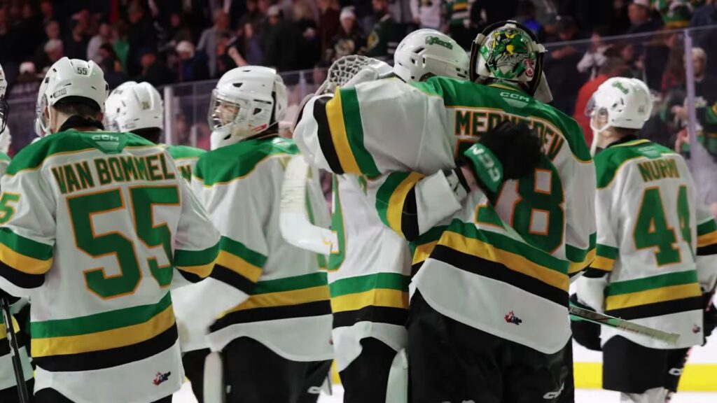 A group of hockey players stands on the ice. They are viewed from behind and are wearing white jerseys with green numbers and stripes that are green, yellow, and black.