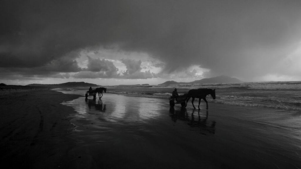 A black and white photo of two men and two horses walking along the shore of a beach. Behind them are clouds and a swirl of sunlight.