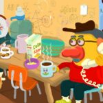 Two animated characters, one yellow and one white, sit at a cluttered kitchen table. They are drinking coffee and have funny noses. There is also a girl whose head is a chocolate chip cookie.
