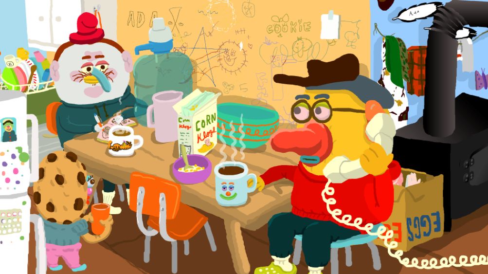 Two animated characters, one yellow and one white, sit at a cluttered kitchen table. They are drinking coffee and have funny noses. There is also a girl whose head is a chocolate chip cookie.