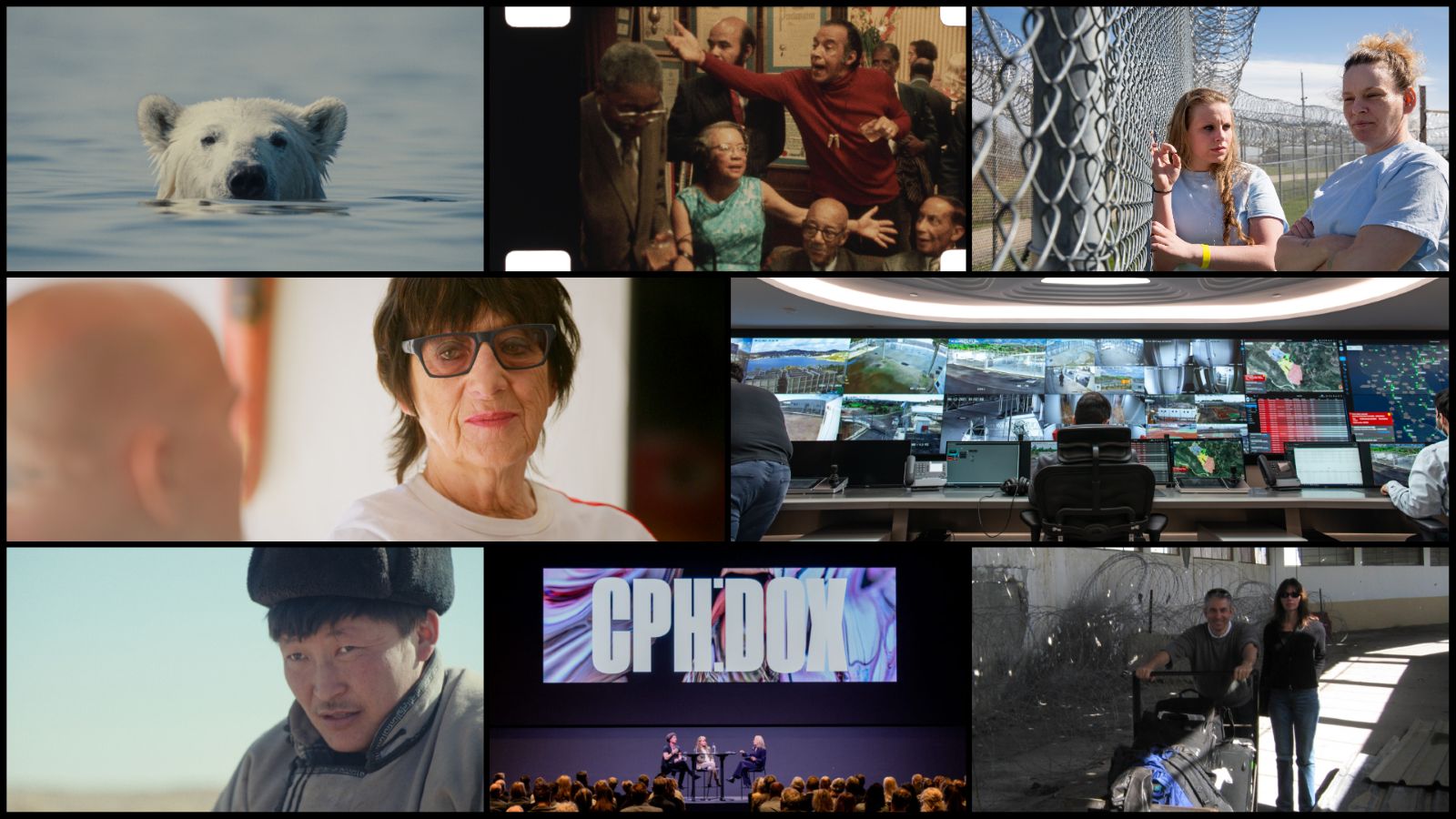 A collage of photos in three rows - Top row: Nuisance Bear (Gabrielle Osio Vanden), Once Upon a Time in Harlem (William Greaves Productions | Courtesy of Sundance Institute); Middle row: Antidiva: The Carole Pope Confessions (The Gay Agenda), The Sandbox (Kenya-Jade Pinto); Bottom row: The Wolves Always Come at Night (Michael Latham | Chromosom, Guru Media, Over Here Productions), CPH:DOX, Shelley Saywell in Gaza (Courtesy Shelley Saywell)