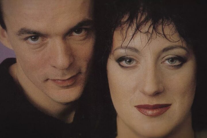 An archival image of Rough Trade musicians Carole Pope and Kevan Staples. They are pictured in close-up with their faces side by side.
