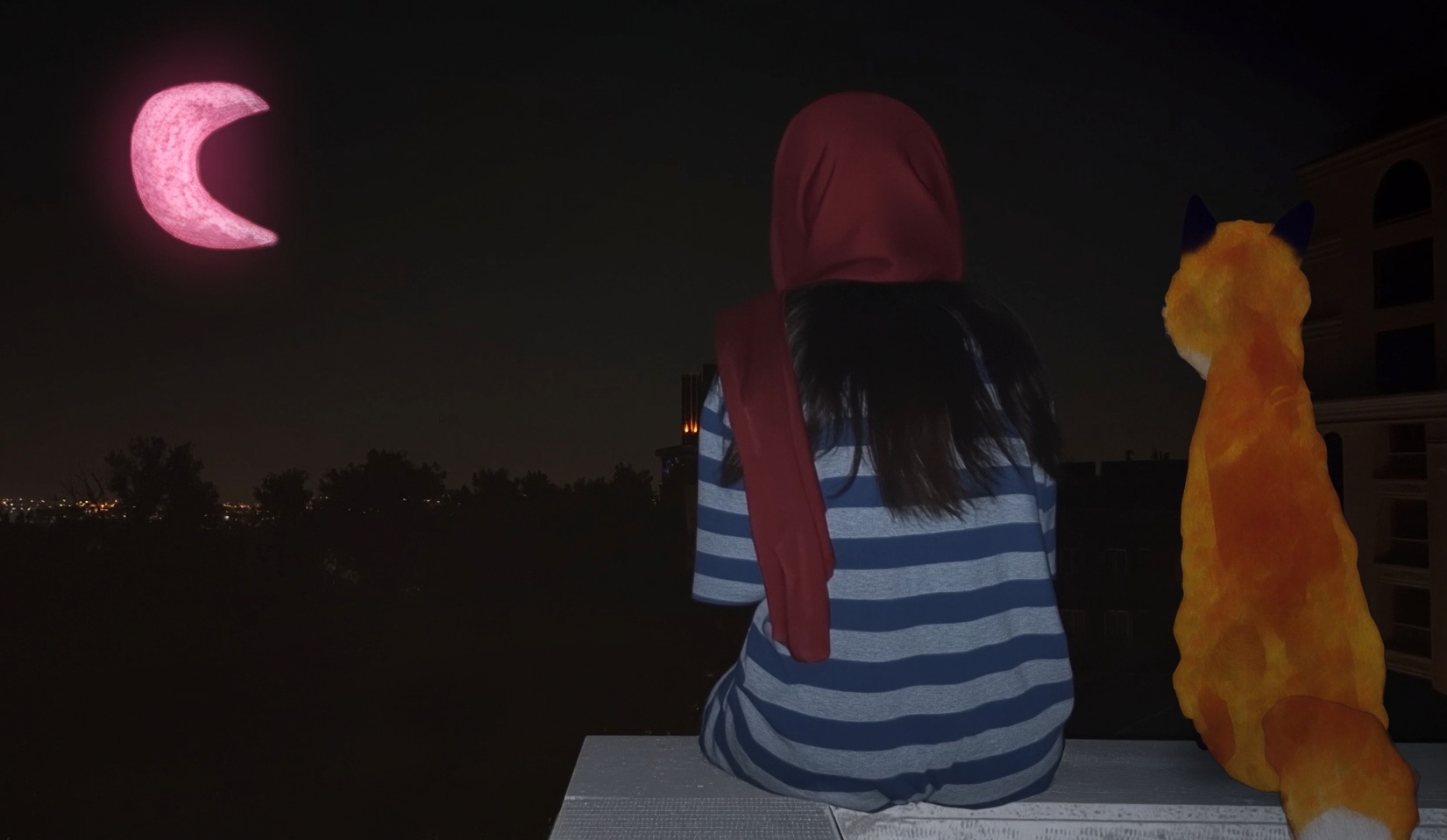 A woman and an animated fox sit with their back to the camera, looking up at a pink crescent moon in the night sky.