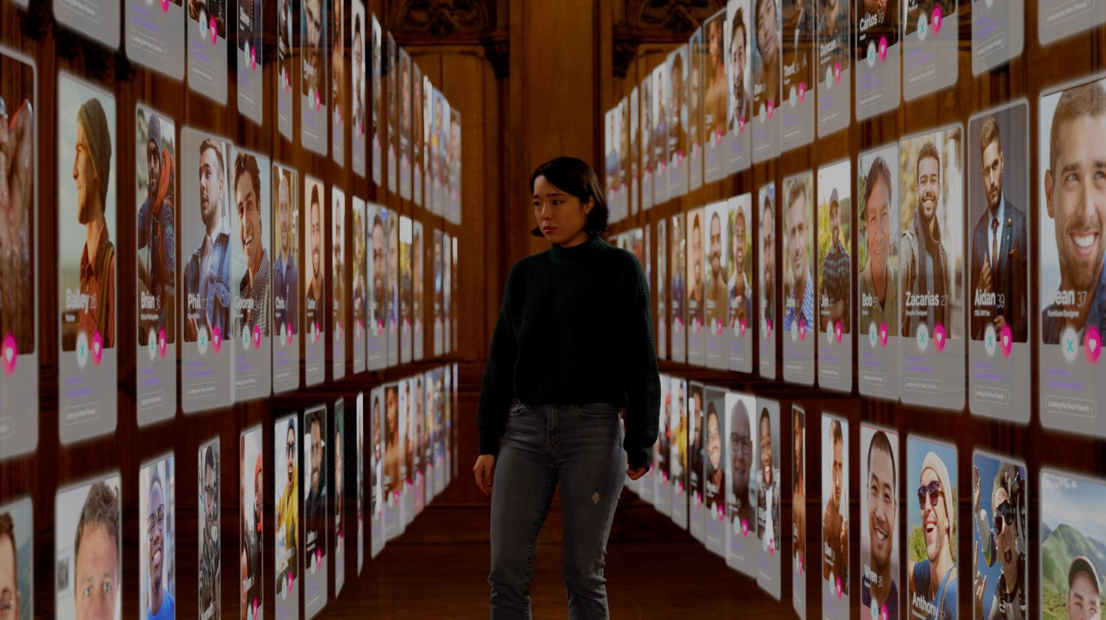 A woman stands surrounded by images of dating app profiles of various men. She looks overwhelmed.