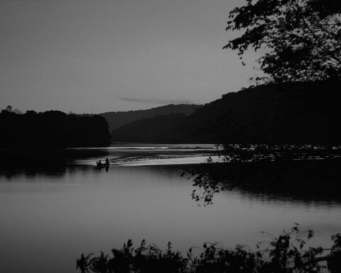 A black and white photo of the Lawa River in the Amazon region of South America.