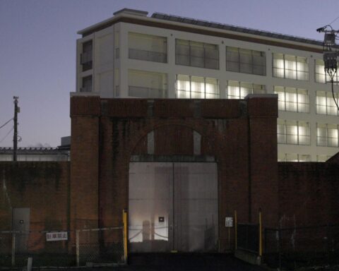 View of the old prison gate, Miyagi Prison, Sendai, where Mr. Kamata is serving a life sentence for his involvement in a series of bomb attacks by the Black Helmet Group in 1971.