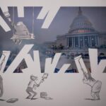 An editorial cartoon depicts four white people in suits covering a mural of the Washington Capitol Building with white paint.