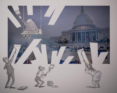 An editorial cartoon depicts four white people in suits covering a mural of the Washington Capitol Building with white paint.
