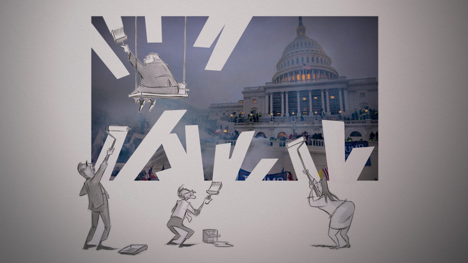 An editorial cartoon depicts four white people in suits covering a mural of the Washington Capitol Building with white paint.