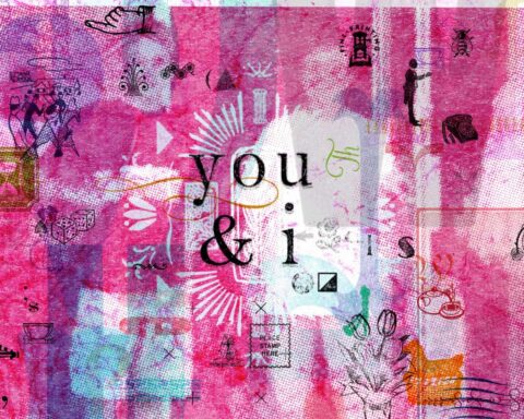 A collage with a predominantly pink background includes two white shapes of people. The photograph includes layers of shapes and impressions with the words "you & i" in the centre in black typeface.