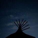A silhouette of the top of a teepee against the backdrop of a starry night.