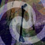 An imagine of a swirling white line appears superimposed atop an x-ray-style graphic of bones and Indigenous artifacts.