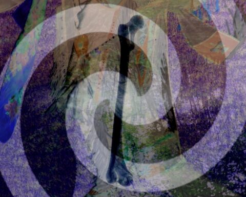 An imagine of a swirling white line appears superimposed atop an x-ray-style graphic of bones and Indigenous artifacts.
