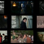 Nine film stills in three columns and three rows present images from different movies about the Holocaust