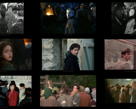 Nine film stills in three columns and three rows present images from different movies about the Holocaust