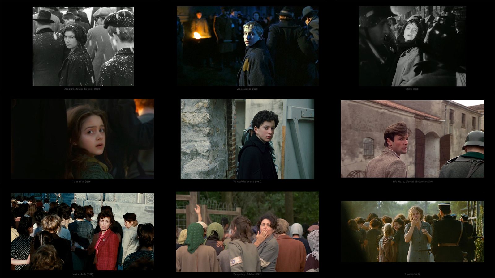 Nine film stills in three columns and three rows present images from different movies about the Holocaust